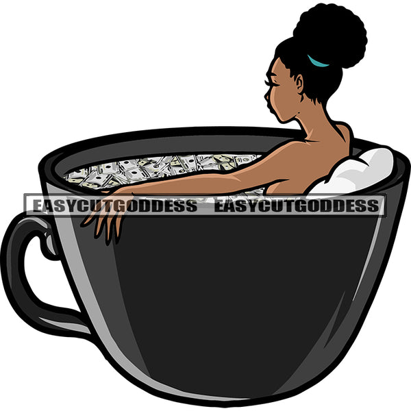 African American Woman Sitting On Coffee Mug Bath Top Afro Short Hairstyle Design Element White Background SVG JPG PNG Vector Clipart Cricut Silhouette Cut Cutting