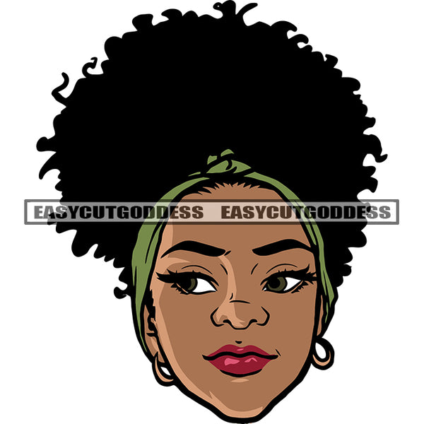 African American Woman Side Look Eyes Head Design Element Smile Face Wearing Hoop Earing And Hairband Afro Hairstyle SVG JPG PNG Vector Clipart Cricut Silhouette Cut Cutting