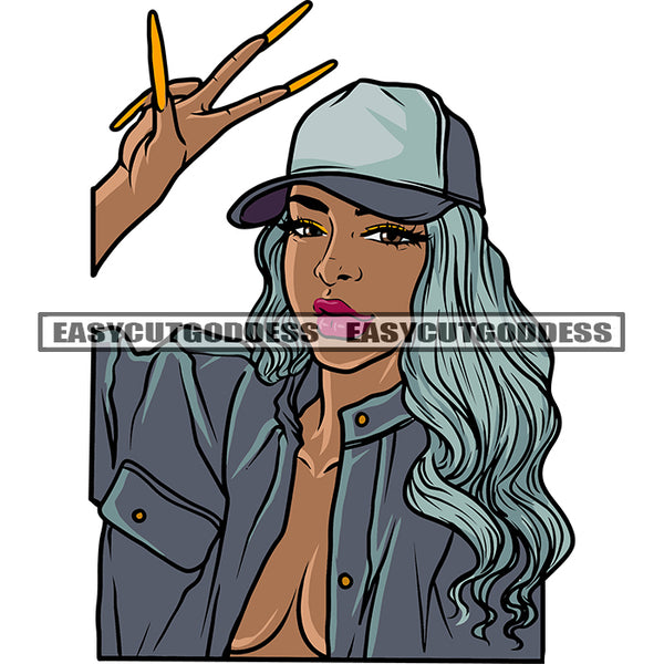 Gangster Sexy African American Girls Showing Peach Hand Sign Wearing Cap Long Nail Color Hairstyle Design Element SVG JPG PNG Vector Clipart Cricut Silhouette Cut Cutting