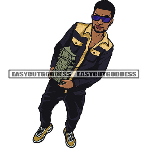 Gangster African American Man Hand Holding Money Note Afro Man Wearing Sunglass Design Element White Background SVG JPG PNG Vector Clipart Cricut Silhouette Cut Cutting