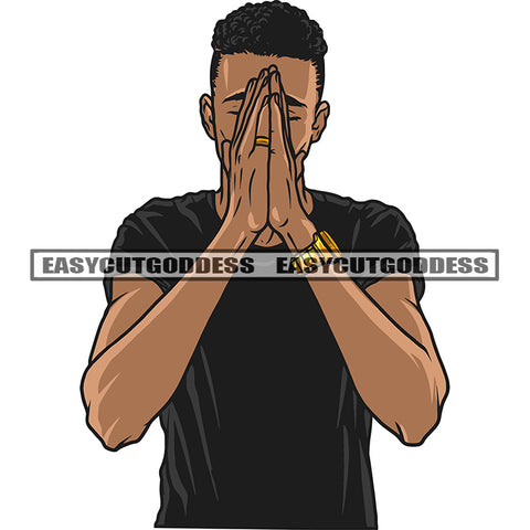 Hard Praying Hand African American Man Wearing Watch And T-Shirt Close Eyes Short Afro Hairstyle Design Element White Background SVG JPG PNG Vector Clipart Cricut Silhouette Cut Cutting