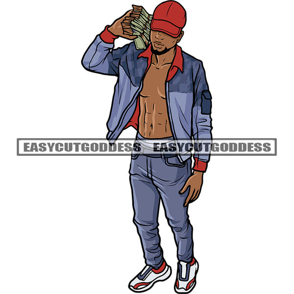 Gangster African American Man Hand Holding Money Note Afro Man Wearing Cap Design Element White Background SVG JPG PNG Vector Clipart Silhouette Cut Cutting