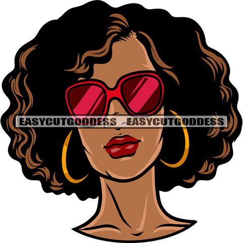 Gangster Afro Girls Head Design Element African American Girls Wearing Hoop Earing And Sunglass Smile Face Curly Short Hairstyle SVG JPG PNG Vector Clipart Cricut Silhouette Cut Cutting