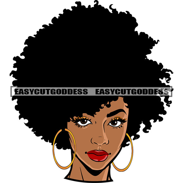 Beautiful Melanin Girls Head Design Element African American Woman Wearing Hoop Earing Puffy Hairstyle White Background SVG JPG PNG Vector Clipart Cricut Silhouette Cut Cutting