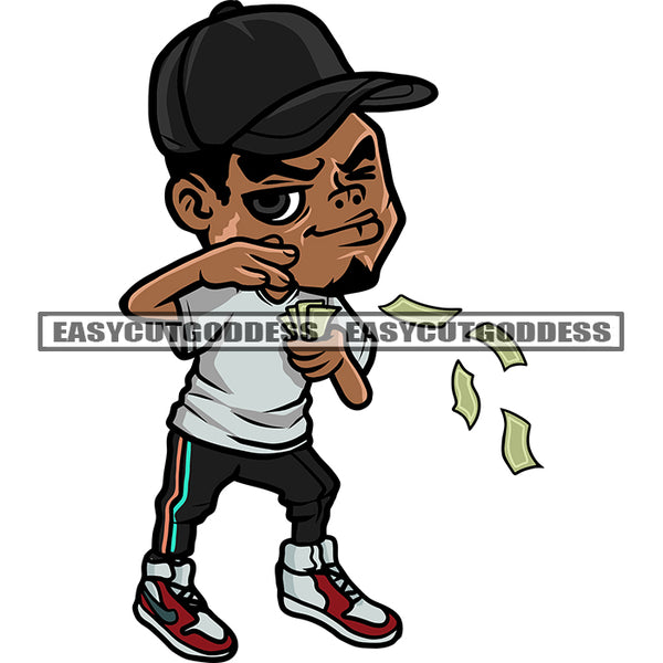 Gangster African America Boy Hand Holding Money Dripping Pose Smile Face Wearing Cap Design Element Afro Boy Close One Eyes SVG JPG PNG Vector Clipart Cricut Silhouette Cut Cutting