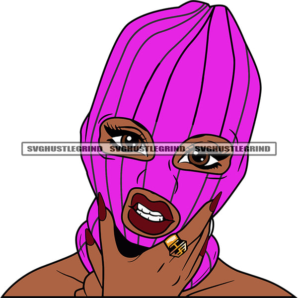 Angry Face African American Gangster Woman Wearing Pink Color Ski Mask White Background Afro Girls Hand Long Nail White Background SVG JPG PNG Vector Clipart Cricut Silhouette Cut Cutting