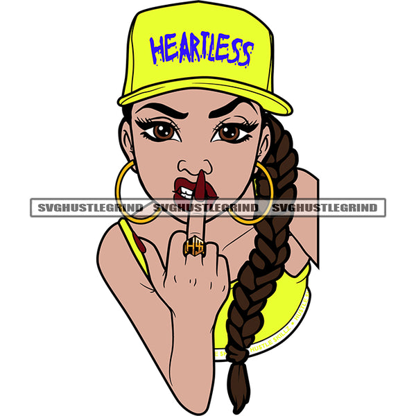 Heartless Quote On Cat African American Angry Face Girls Showing Middle Finger Yellow Color Dress Long Nail And Long Hair Design Element Afro Girls Wearing Hoop Earing SVG JPG PNG Vector Clipart Cricut Silhouette Cut Cutting
