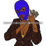 Gangster African American Woman Showing Keep Silent Pose Hand Holding Money Bundle And Wearing Blue Color Ski Mask Design Element SVG JPG PNG Vector Clipart Cricut Silhouette Cut Cutting