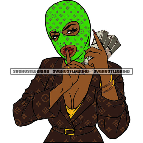 Gangster African American Woman Showing Keep Silent Pose Hand Holding Money Bundle And Wearing Green Color Ski Mask Design Element SVG JPG PNG Vector Clipart Cricut Silhouette Cut Cutting