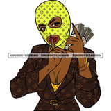 Gangster African American Woman Showing Keep Silent Pose Hand Holding Money Bundle And Wearing Yellow Color Ski Mask Design Element SVG JPG PNG Vector Clipart Cricut Silhouette Cut Cutting
