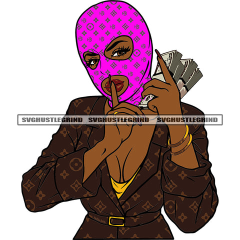 Gangster African American Woman Showing Keep Silent Pose Hand Holding Money Bundle And Wearing Pink Color Ski Mask Design Element SVG JPG PNG Vector Clipart Cricut Silhouette Cut Cutting