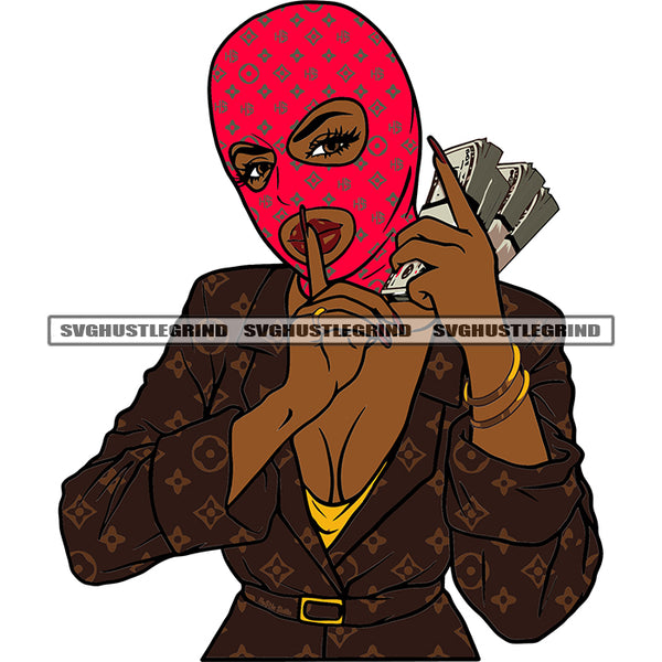 Gangster African American Woman Showing Keep Silent Pose Hand Holding Money Bundle And Wearing Red Color Ski Mask Design Element SVG JPG PNG Vector Clipart Cricut Silhouette Cut Cutting