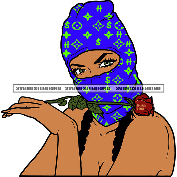 Gangster African American Woman Hand Holding Red Rose Wearing Blue Color Ski Mask Head Design Element White Background SVG JPG PNG Vector Clipart Cricut Silhouette Cut Cutting