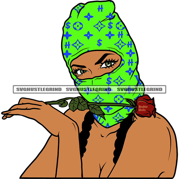 Gangster African American Woman Hand Holding Red Rose Wearing Green Color Ski Mask Head Design Element White Background SVG JPG PNG Vector Clipart Cricut Silhouette Cut Cutting