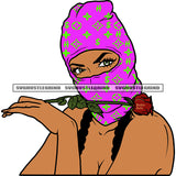 Gangster African American Woman Hand Holding Red Rose Wearing Pink Color Ski Mask Head Design Element White Background SVG JPG PNG Vector Clipart Cricut Silhouette Cut Cutting