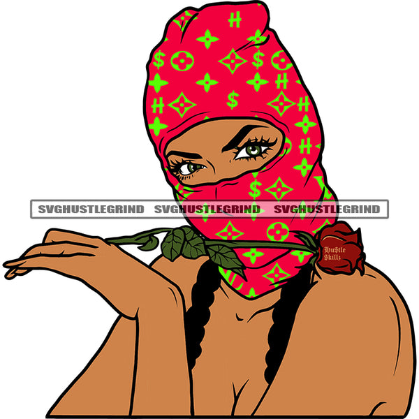 Gangster African American Woman Hand Holding Red Rose Wearing Red Color Ski Mask Head Design Element White Background SVG JPG PNG Vector Clipart Cricut Silhouette Cut Cutting