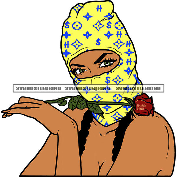 Gangster African American Woman Hand Holding Red Rose Wearing Yellow Color Ski Mask Head Design Element White Background SVG JPG PNG Vector Clipart Cricut Silhouette Cut Cutting