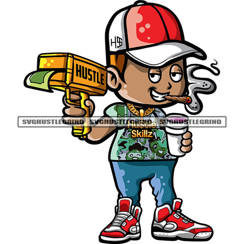 Gangster Boy Smoking Rolling Weed Hand Holding Money Dripping Machine And Coffee Mug Wearing Cap Design Element SVG JPG PNG Vector Clipart Cricut Silhouette Cut Cutting