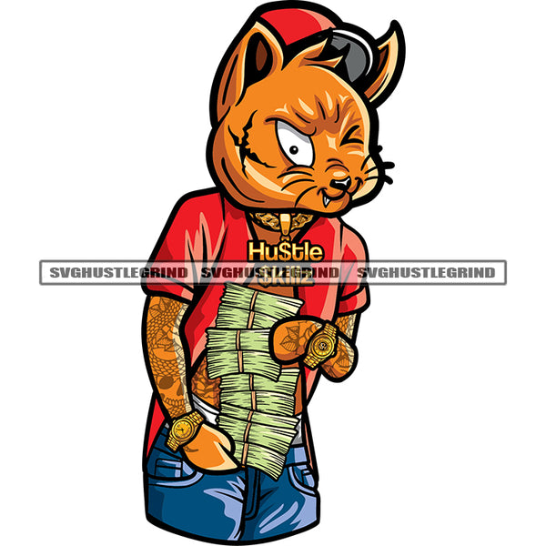 Gangster Scarface Cat Wearing Cap And Hand Holding Lot Of Money Bundle Design Element White Background SVG JPG PNG Vector Clipart Cricut Silhouette Cut Cutting