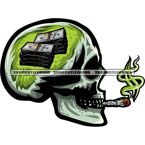 Skull Skeleton Head Smoking Marijuana Rolling Smoke Makes Dollar Sign Skull Skeleton Head Under Money Bundle Color Design Element SVG JPG PNG Vector Clipart Cricut Silhouette Cut Cutting