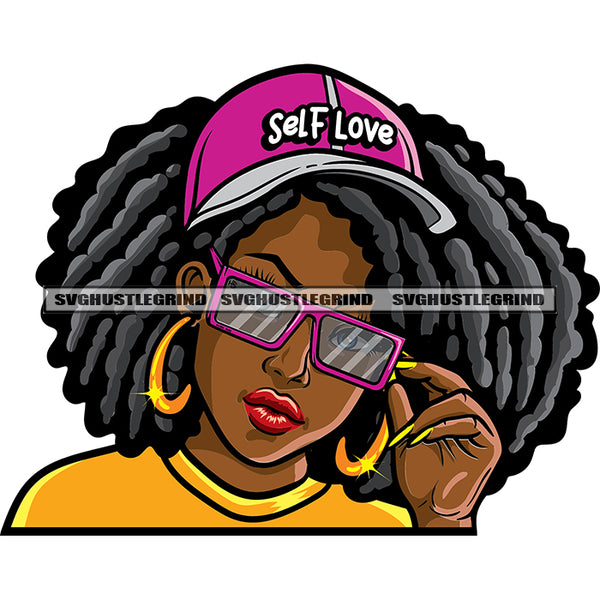 Self Love Quote On Cap Gangster African American Girls Hand Holding Sunglass Afro Girls Wearing Sunglass Locus Hairstyle SVG JPG PNG Vector Clipart Cricut Silhouette Cut Cutting