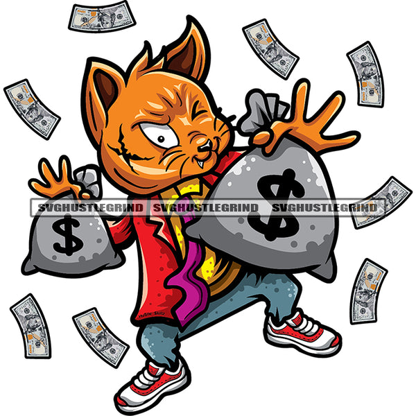Gangster Scarface Cat Hand Holding Money Bag Cat Smile Face Lot Of Money Note Dripping White Background Design Element SVG JPG PNG Vector Clipart Cricut Silhouette Cut Cutting