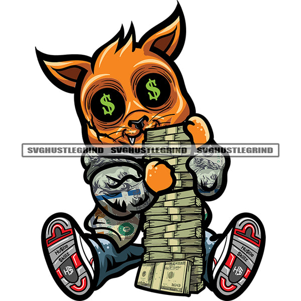 African American Scarface Cat Sitting On Floor And Hand Holding Money Bundle Dollar Sign On Gangster Cat Eyes White Background SVG JPG PNG Vector Clipart Cricut Silhouette Cut Cutting