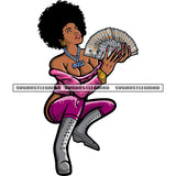 Melanin African American Woman Sitting Pose And Hand Holding Money Note Puffy Hairstyle Afro Girls Long Nail Design Element White Background SVG JPG PNG Vector Clipart Cricut Silhouette Cut Cutting
