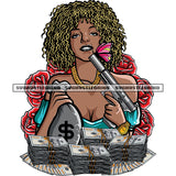 Gangster African American Woman Hand Holding Money Bag And Gun Lot Of Money Bundle On Front Design Element Background Roses Curly Hairstyle SVG JPG PNG Vector Clipart Cricut Silhouette Cut Cutting