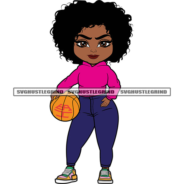 Smile Face African American Girls Standing And Hand Holding Basketball Black Beauty Girls Puffy Hairstyle White Background Design Element SVG JPG PNG Vector Clipart Cricut Silhouette Cut Cutting