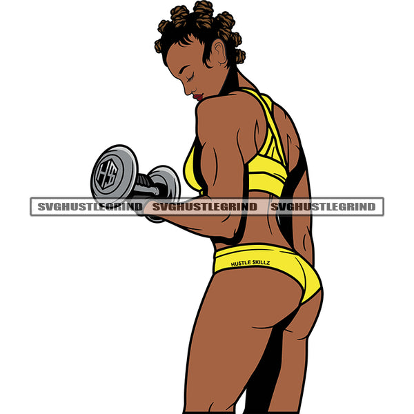 African American Fitness Woman Hand Holding Dumbbell Melanin Woman Close Eyes  Afro Short Hairstyle Design Element SVG JPG PNG Vector Clipart Cricut Silhouette Cut Cutting