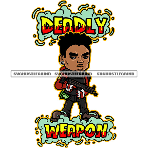 Deadly Weapon Gangster Boy Standing And Hand Holding Gun Design Element Angry Face African American Boy Afro Short Hairstyle SVG JPG PNG Vector Clipart Cricut Silhouette Cut Cutting