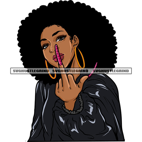 African American Woman Showing Middle Finger Wearing Hoop Earing Puffy Hairstyle Design Element Afro Girls Long Nail White Background SVG JPG PNG Vector Clipart Cricut Silhouette Cut Cutting