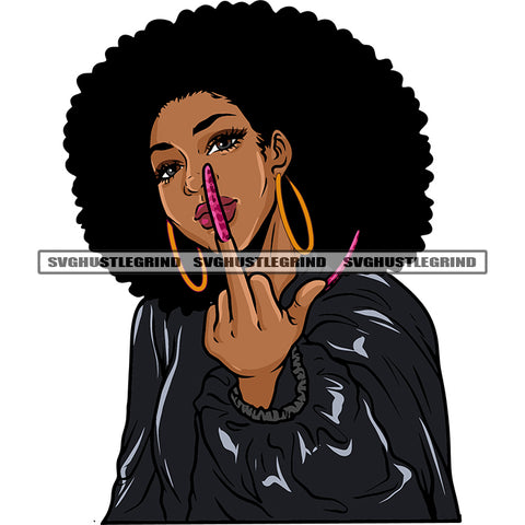 African American Woman Showing Middle Finger Wearing Hoop Earing Puffy Hairstyle Design Element Afro Girls Long Nail White Background SVG JPG PNG Vector Clipart Cricut Silhouette Cut Cutting