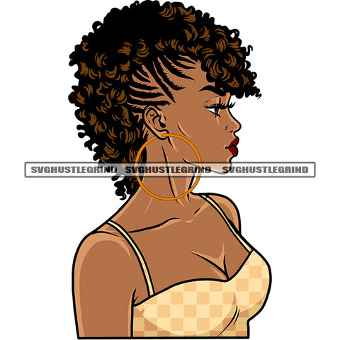 Melanin Woman Wearing Hoop Earing Afro Short Hairstyle Design Element African American Woman Wearing Sexy Dress White Background SVG JPG PNG Vector Clipart Cricut Silhouette Cut Cutting