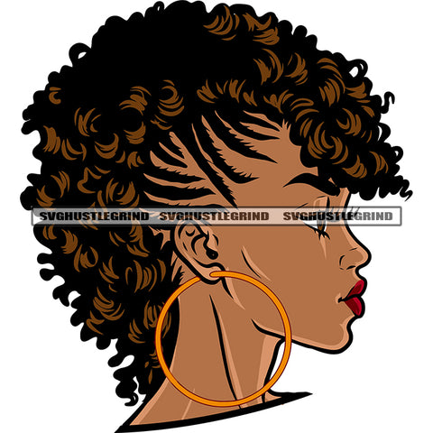 African American Woman Head Design Element Afro Girls Wearing Hoop Earing Shor Hairstyle Design White Background SVG JPG PNG Vector Clipart Cricut Silhouette Cut Cutting