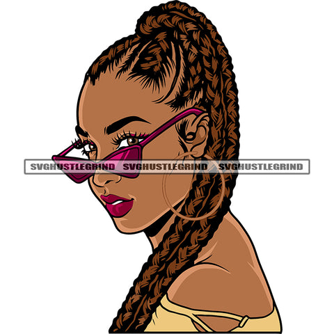 Beautiful African American Woman Wearing Hoop Earing And Sunglass Design Element Afro Girls Attitude Face Locus Long Hairstyle White Background SVG JPG PNG Vector Clipart Cricut Silhouette Cut Cutting