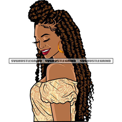 Smile Face African American Woman Locus Long Hairstyle Afro Girls Beautiful Face Melanin Woman Head Design Element White Background SVG JPG PNG Vector Clipart Cricut Silhouette Cut Cutting