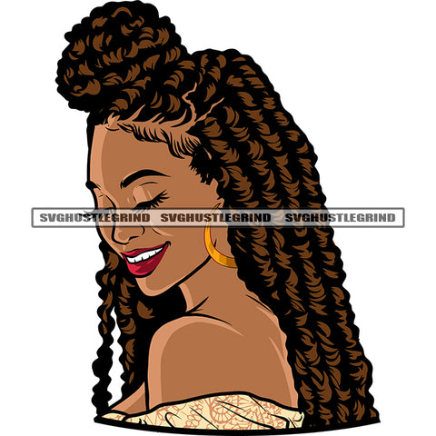 Half Body Smile Face African American Woman Face Locus Long Hairstyle Afro Girls Beautiful Face Melanin Woman Head Design Element White Background SVG JPG PNG Vector Clipart Cricut Silhouette Cut Cutting