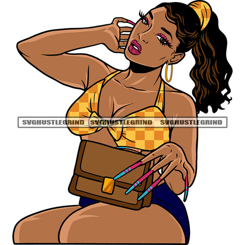 Sexy African American Woman Sitting Pose Hand Holding Bag Long Nail Wearing Hoop Earing And Sexy Dress Curly Hairstyle White Background SVG JPG PNG Vector Clipart Cricut Silhouette Cut Cutting