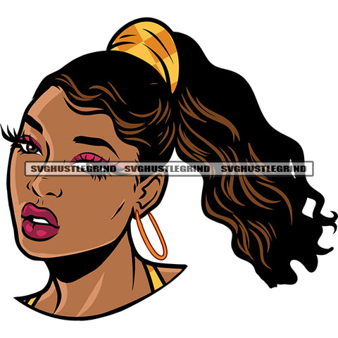 Angry Face African American Woman Face Design Element Afro Girls Wearing Hoop Earing Curly Long Hairstyle White Background SVG JPG PNG Vector Clipart Cricut Silhouette Cut Cutting