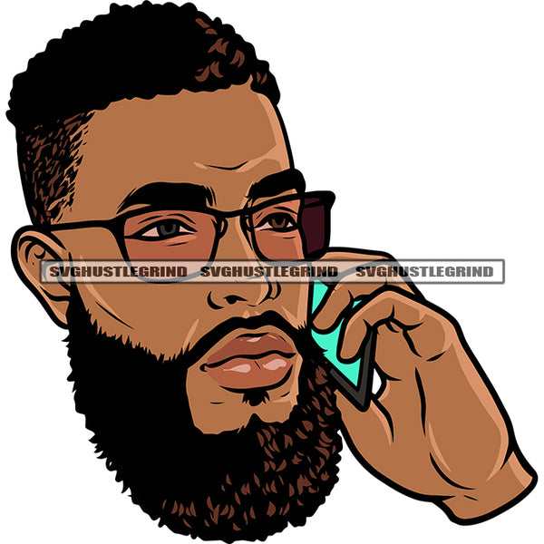 African American Man Hand Holding Phone Afro Short Hairstyle Wearing Sunglass Design Element Afro Gangster Head White Background SVG JPG PNG Vector Clipart Cricut Silhouette Cut Cutting