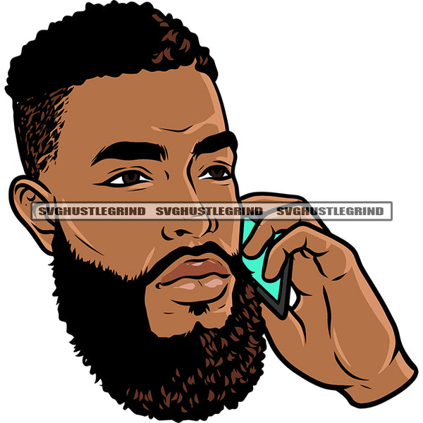 African American Man Hand Holding Phone Afro Short Hairstyle Melanin Man Beard Style Design Element Afro Gangster Head White Background SVG JPG PNG Vector Clipart Cricut Silhouette Cut Cutting