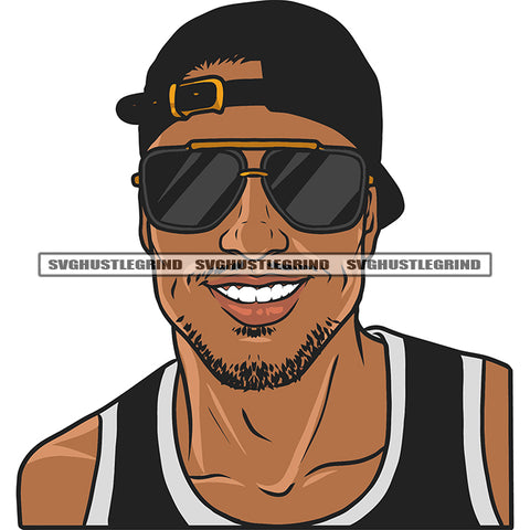 Smile Face African American Basketball Player Afro Man Wearing Cap And Sunglass Design Element White Teeth Beard Style White Background SVG JPG PNG Vector Clipart Cricut Silhouette Cut Cutting