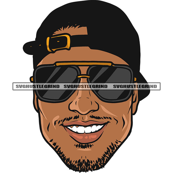 Only Head Smile Face African American Basketball Player Afro Man Wearing Cap And Sunglass Design Element White Teeth Beard Style White Background SVG JPG PNG Vector Clipart Cricut Silhouette Cut Cutting