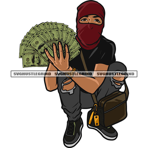 Gangster African American Woman Sitting Pose Hand Holding Money Note Melanin Man Wearing Ski Mask Design Element White Background SVG JPG PNG Vector Clipart Cricut Silhouette Cut Cutting