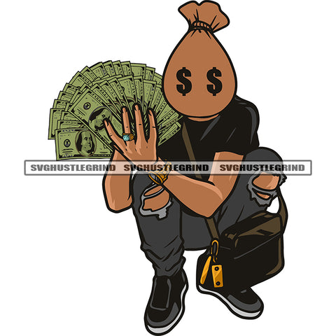 Funny Money Bag Head Cartoon Character Sitting Pose Hand Holding Money Note White Background Dollar Sign On Character Eyes Design Element SVG JPG PNG Vector Clipart Cricut Silhouette Cut Cutting