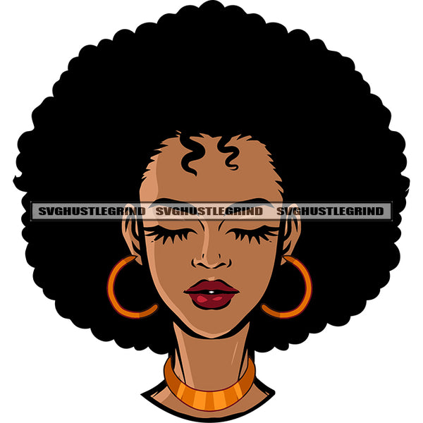 Melanin Woman Close Eyes African American Woman Smile Face Wearing Hoop Earing Puffy Hairstyle Design Element SVG JPG PNG Vector Clipart Cricut Silhouette Cut Cutting