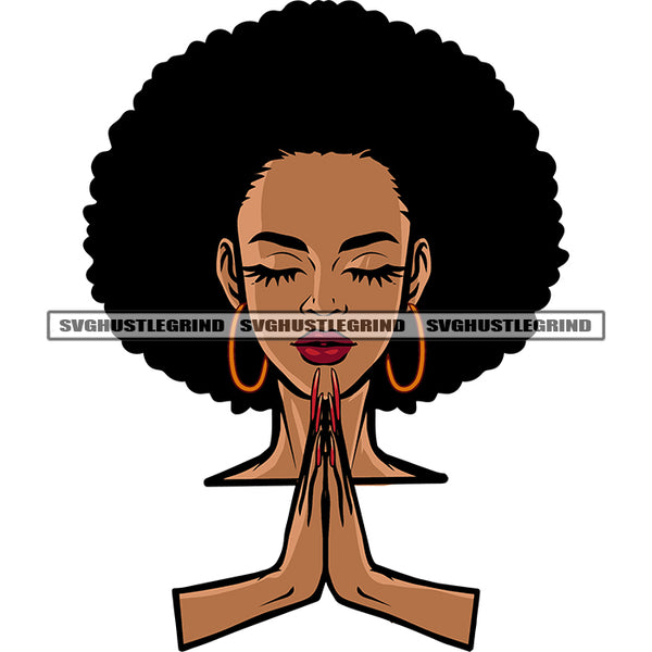 Hard Praying Hand African American Girls Close Eyes Afro Short Hairstyle Design Element Long Nail Vector White Background SVG JPG PNG Vector Clipart Cricut Silhouette Cut Cutting
