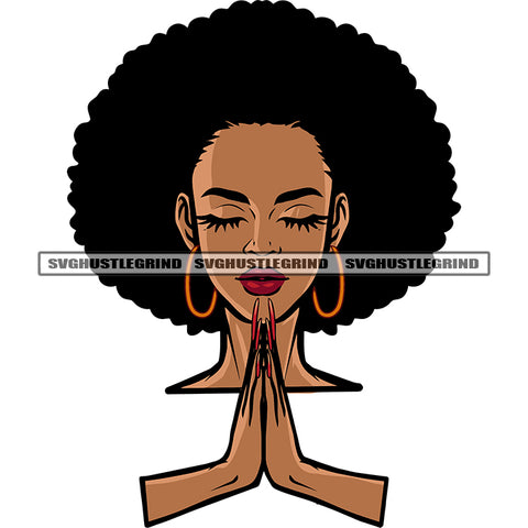 Hard Praying Hand African American Girls Close Eyes Afro Short Hairstyle Design Element Long Nail Vector White Background SVG JPG PNG Vector Clipart Cricut Silhouette Cut Cutting
